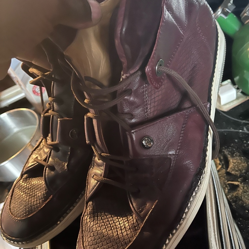 Jimmy Choo Men's Burgundy Leather Athletic Sneakers - Picture 3 of 4